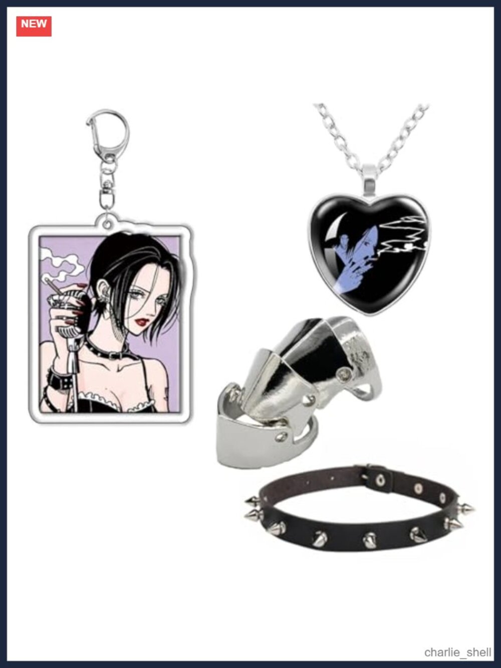 Anime Cosplay Jewelry Set PU Choker Necklace Keychain Knuckle Rings Punk